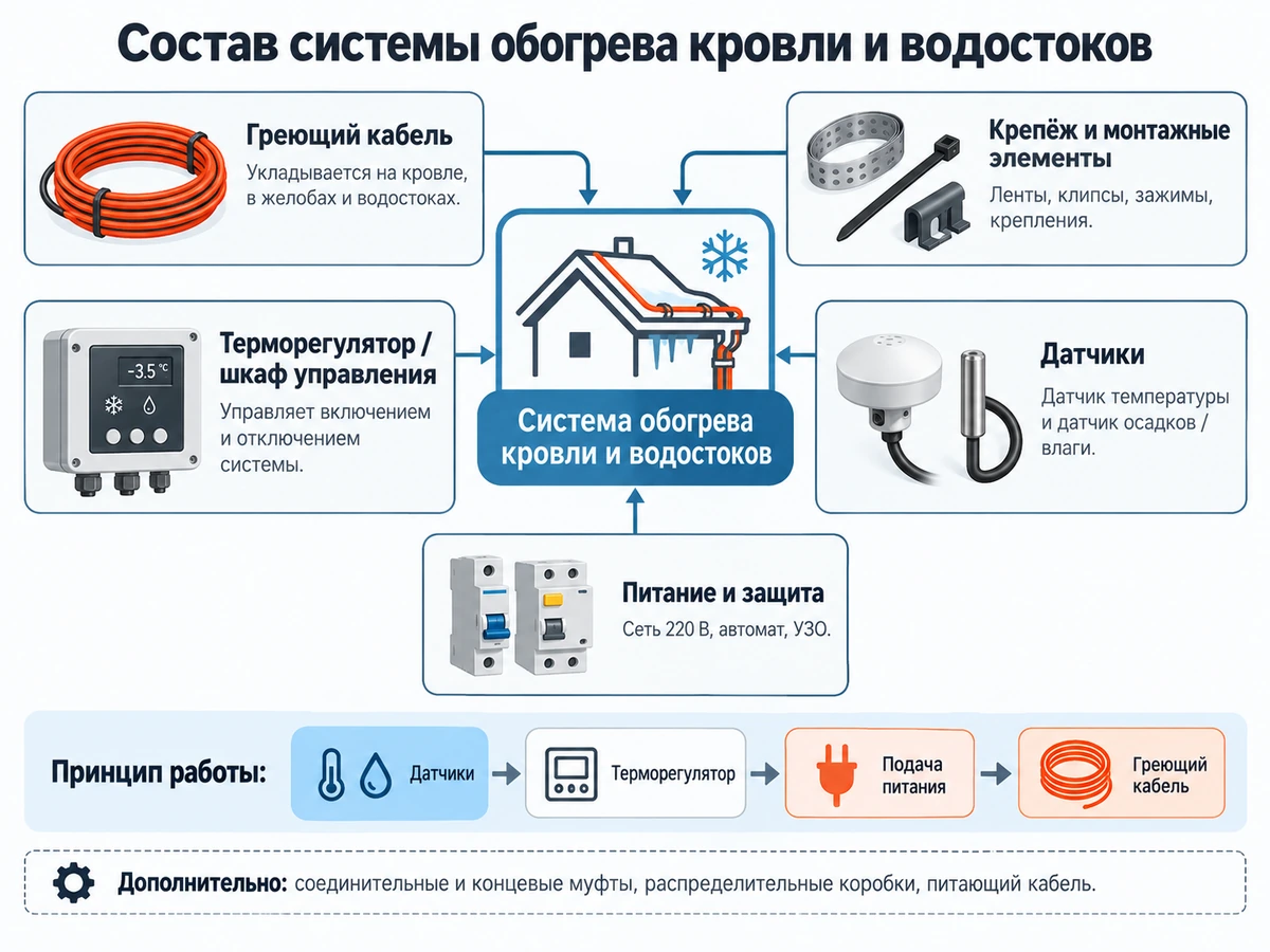 Греющий кабель, крепёж, терморегулятор, датчики, питание и электрическая защита