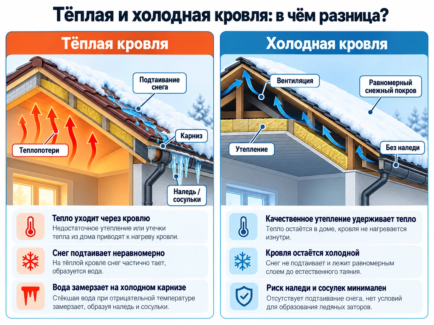 Как теплопотери кровли влияют на подтаивание снега и образование наледи на карнизе